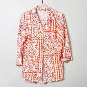 Linen blend button down shirt tunic in off white orange boho pattern size M
